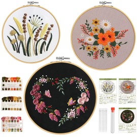 MM&UU Embroidery Kit for Beginners, Patterned, Japanese and English Stitching Instructions Included, 3 Sets of 3 Bamboo Embroidery Frames, Embroidery Thread, 6 Needles, 3 Embroidery Cloths