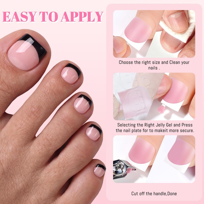 Fake Toe Nail Press ons-Black French Tip Press on Toenails