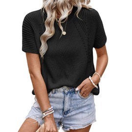Dokotoo Womens Summer Tops Casual Short Sleeve Knit Sweaters for Women 2025 Fashion Clothing Round Neck Tops for Women Trendy Loose Fit Cute Hollow Out Top Blouse Black Medium