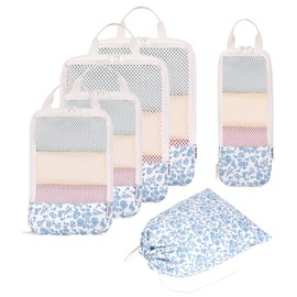 Narwey 6 Set Floral Compression Packing Cubes Travel for Carry on Women, Packing Organizers Bag for Backpack Luggage Suitcase Duffle Bags (Little Blue Flower)