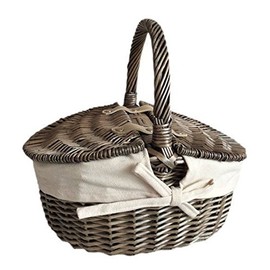 Red Hamper EH091W Grey Small Antique Wash Double Lidded Oval Picnic Basket with White Lining