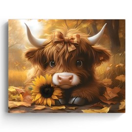 Highland Cow Canvas Wall Art Decor Framed Painting - Cute Cow and Sunflower Artwork for Kids Room, Farmhouse Autumn Theme Animal Picture Print for Bedroom Bathroom Home Decoration 24X30 inch