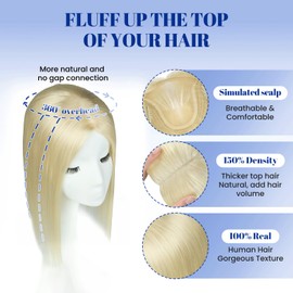 WORLDSTAR Hair Topper for Women Real Human Hair No Bangs 360°3D Coverage 6 * 7 Inch Base 14 Inch 65g #60 Platinum Blonde Hair Topper for Women with Thinning or Grey Roots (tp#60-14