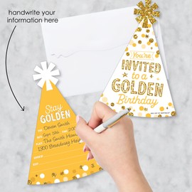 Big Dot of Happiness Golden Birthday - Shaped Fill-In Invitations - Happy Birthday Party Invitation Cards with Envelopes - Set of 12