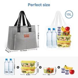 HSHRISH Women's Lunch Bag with Large Capacity and Leak-proof Material, Adjustable Shoulder Strap, Suitable for Adults, Women, Work, Camping, Shopping, Beach, 15L Stripes