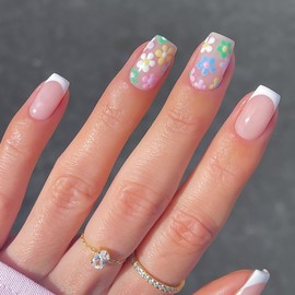 JATOSMMS Flower Fake Nails French Tip Press on Nails Spring Daisy Flower Acrylic Nails Short Square False Nails with White Edge Design Glossy Stick on Nail Glue on Nails for Women and Girls 24Pcs