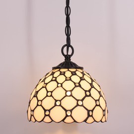 SYETL Small Tiffany Pendant Light 8 inch Tiffany Style Stained Glass Pendant Hanging Lamp Small Vintage Hanging Light Fixtures for Home Living Room Restaurant Hallway (White Amber Pearl Beads Style)
