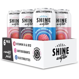 ShineWater Vitamin D Hydration Electrolyte Drink - Flavored water with electrolytes, Sugar-Free, Magnesium, Zinc, Vitamin B12, Folic Acid, Plant-Based Fruit Water, Low Calorie - Variety Pack of 6