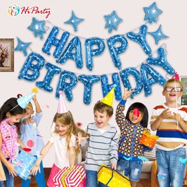 HiParty Birthday Banner, 3D Mylar Foil Happy Birthday Balloons, 24pcs Birthday Party Decorations with 6pcs Star Balloons for Men Women Adults Ecofriendly Birthday Party Supplies, Blue Point
