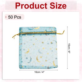 sourcing map Organza Bag 4" x 6", Sheer Moon Star Mesh Bags Drawstring Gift Bags Bulk Party Favor Bag Jewelry Pouches for Wedding Candy Valentines (Lake Blue-Gold, Pack of 50)