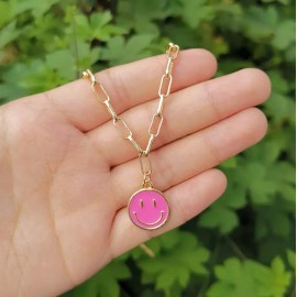 Unbranded Pink Smiley Face Paperclip Necklaces, Gold Chain  - Positive Happy Jewelry