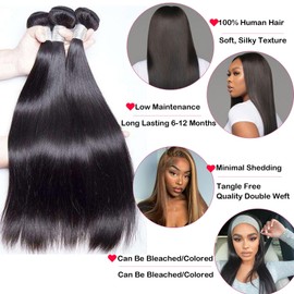 SilkSleek 16A Straight Bundles Human Hair 20 22 24 Inch 100% Raw Hair Quick Weave Bundles No Tangle Shedding Soft Silky Long Lifespan 3 Bundles Human Hair Extensions for Women Natural Color