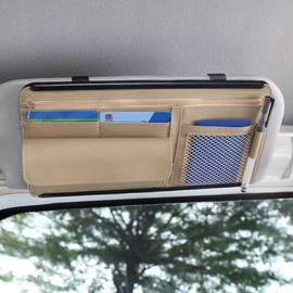 JEYODA Car Sun Visor Organizer Auto Car Visor Pocket and Interior Accessories Car Storage Organizer with Multi-Pocket Net Zippers (Style 2-Beige)