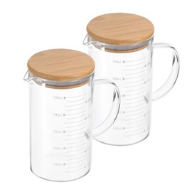 PATIKIL 500ml Glass Measuring Cup, 2 Pack 3.3 Borosilicate Glass Graduated White Printed Scale Liquid Measure Cups Beaker with Wood Lid and V-Shaped Spout for Kitchen