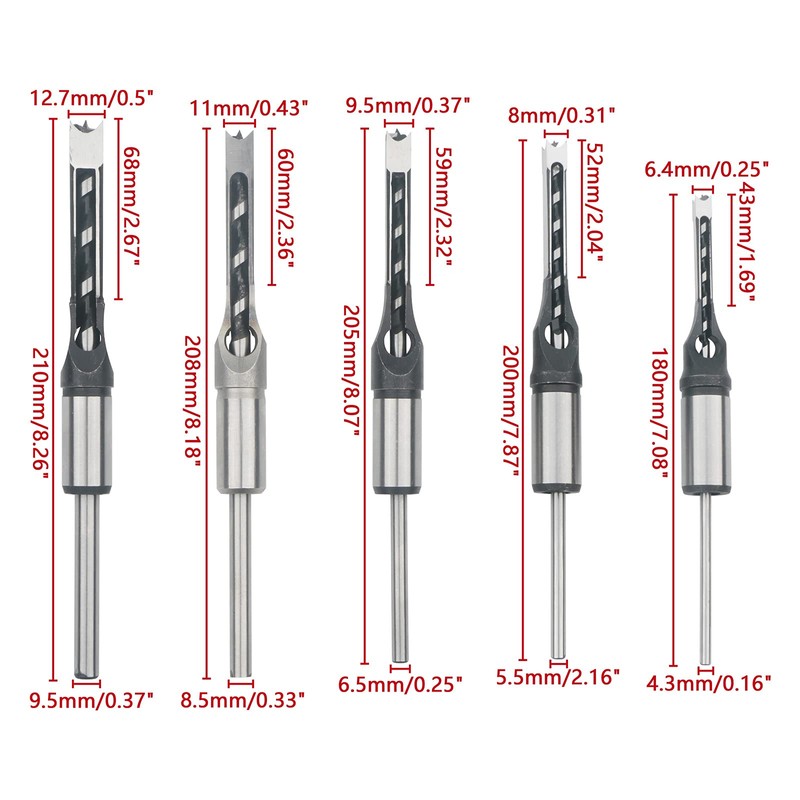 Unxuey 5pcs 1/4", 5/16", 3/8", 7/16", 1/2" Woodworking Square Hole