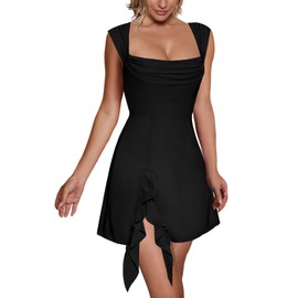 Aisbei Women's Sexy Black Mini Dress Square Neck Bodycon Dress Elegant Sleeveless Slit A Line Party Club Short Dress-Black S