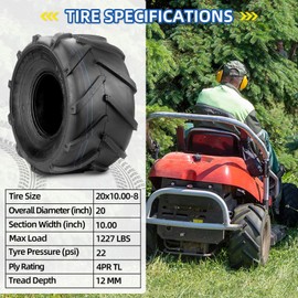 GICOOL (2 Pack) 20x10.00-8 High-Traction Lawn Mower Tubeless Tire, 20x10-8 Agriculture Tractor Tire, 4 Ply, Super Lug AG Turf Saver Lawnmower Pattern