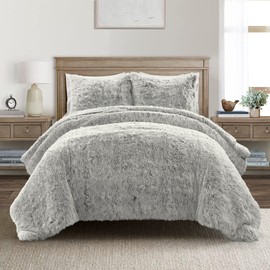 Lush Decor Emma Cozy Soft Fluffy Two Tone Faux Fur Comforter Set, King, Gray - College Dorm Shaggy Plush Warm 3 Piece Bedding Set
