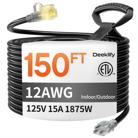 12 Gauge 150 FT Heavy Duty Outdoor Extension Cord Waterproof with Lighted End,Black 12 Gauge Extension Cord Flexible and Cold Resistant 3 Prong Grounded Plug,15Amp 1875W SJTW ETL Listed