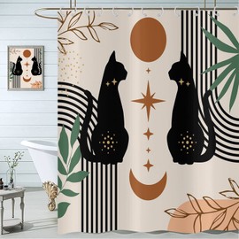 Hnmdmyi Boho Shower Curtain, Mid Century Abstract Black Cat Leaf Moon Star Beige Bath Curtain Modern Terracotta Aesthetic Art Waterproof Polyester Fabric Washable Bath Curtain 180 x 180 cm
