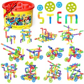 STEM Building Toys for Kids - 250 Pcs Tubular Pipe & Spout Interlocking Construction Set | Toddler Learning Toys Age 3-5 6-8 | DIY Tube Locks Blocks with Storage Box & Idea Book | Gift for Boys Girls