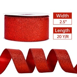 YAMA Glitter Wired Ribbon, Red, 2-1/2 inch x 20 Yards, for Christmas, Gift Wrapping, Wreath, Crafts, Bow Making and Party Decoration