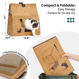 Deamoser Washable Kraft Paper Cat Bed Recyclable Cat House Cave with 2 Replaceable Scratching Pads Foldable Cardboard Scratching Condo Bed