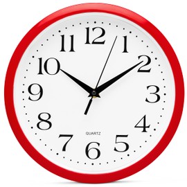 Bernhard Products Red Wall Clock Silent Non Ticking - 10 Inch Quality Quartz Battery Operated Round Easy to Read Home/Kitchen/Office/Classroom/School Clocks, Vintage Retro Red Frame Black Numbers