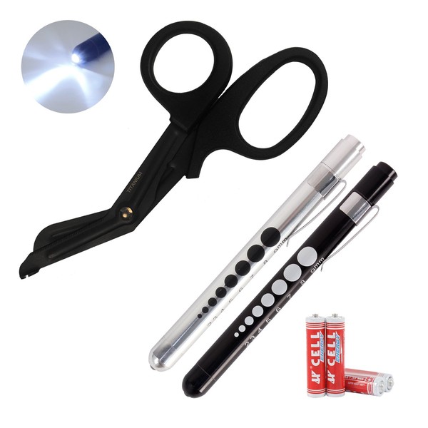 Ever Ready First Aid EMT Combo Set, Autoclavable Titanium Bonded Bandage Shears & Set of 2 LED Medical Pen Lights - Black and Silver