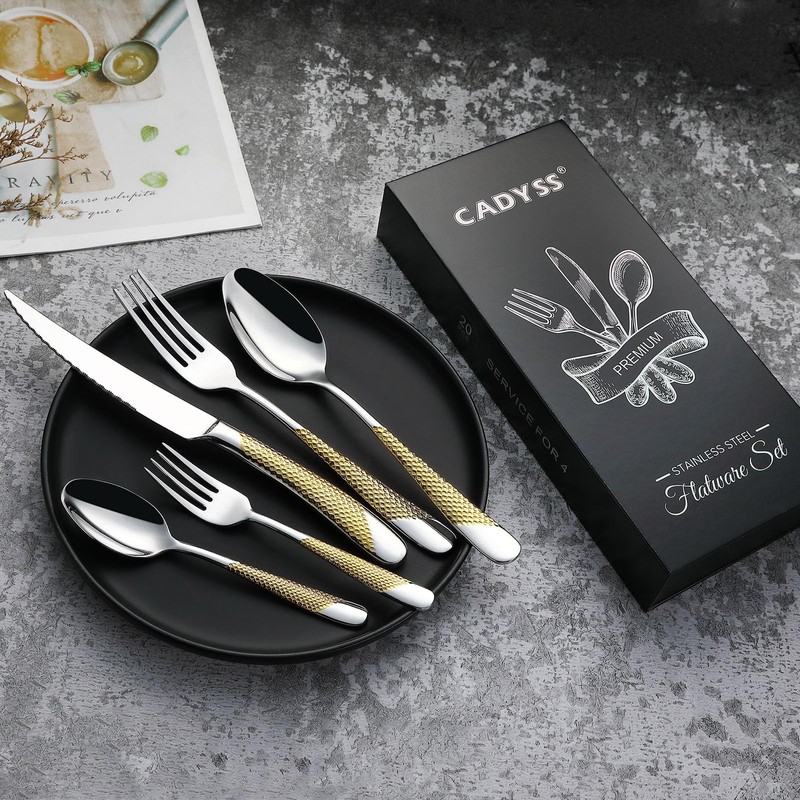CADYSS Premium Silverware Set 20 Pieces - Flatware Set Gilding