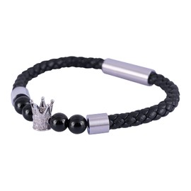 LUCKMAN Pulsera Hombre de Corona con Zirconias y Piedra Obsidiana Negra, Brazalete de Cuero Piel Vegana y Acero Inoxidable, Broche Magnético – Accesorios y Joyería para Hombre, Regalos para Hombre Navidad y Regalos para Papá, Modelo Kurt