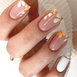 French False Square Nail Tips - 24PCS Press on Nails with Cute Flower Design - Glossy White Nude Tip Summer Fake Nails with Glue - Removable Stick on Nails for Women Manicure