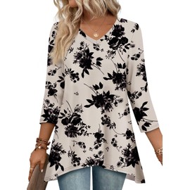 3/4 Sleeve Tops for Women Trendy Summer Women's Clothing V Neck T Shirts Tunic Tops for Women Loose Fit Dressy Apricot M