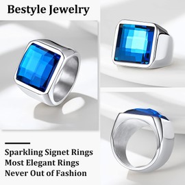 Bestyle Stainless Steel Square 15mm*15mm Blue Topaz Sapphire Ring for Men-Black Gemstone Signet Pinky Ring-Solid Chunky Thick Men Band Ring Simple Ring Stackable, Size 10