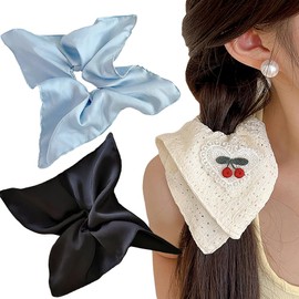 2 Pcs Large Rustic Lattice Scrunchies for Hair Bun, Large Blue Satin Scrunchies for Women girls Elegant lace cherry hair ties thin ponytail thick curly hairs (Black Blue Satin)