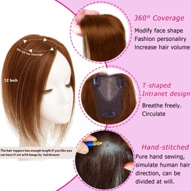 Hairpieces for Women, Real Human Hair, 30 cm, 360° Human Hair Piece for Women with Thinning Hair, Realistic Scalp for Cliping, Straight Hair (Light Brown #6, Side Bangs)
