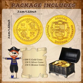 500 Pcs Pirate Coins Plastic Coins Replica Spanish Doubloons Kids Fake Play Coins for St. Patrick's Pirate Party Treasure Chest Board Games Tokens Toys Cosplay (Gold Silver Bronze, Round)
