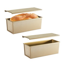 CURTA 2 pcs Commercial Pullman Loaf Pan with Lid 2.2 lb Dough Capacity, Bakeware, with Non-Stick Coating, Bread Pan with Lid, Ripple Toast Box Mold, Champagne Gold