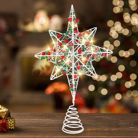 Whaline Christmas Star Tree Topper 3D 8-Point Star Tree Top with LED Lights Battery Powered Treetop Ornament for Xmas Winter Party Favor Indoor Outdoor Decor