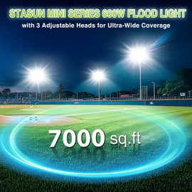STASUN 600W LED Flood Light, Mini Series Stadium Light, 60000LM 6000K Daylight White, IP66 Waterproof, 3 Adjustable Panels, Outdoor Sports Lighting for Basketball Court, Parking Lot, Baseball Field