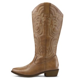mysoft Women's Wide Calf Cowboy Boots Pull on Cowgirl Embroidered Mid Calf Pointed Toe Chunky Heel Western Boots