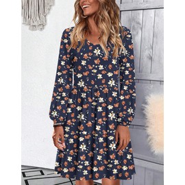 Hotouch Navy Blue Floral Print Dress Women Long Sleeve Tunic Dress V Neck A Line Dress Women Ruffled Dress with Pockets Vacation Dress Floral Large