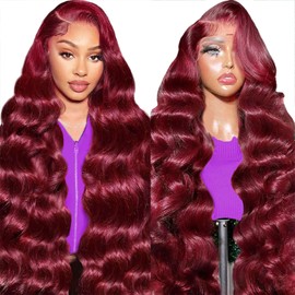 JuneMet Burgundy Body Wave Lace Front Human Hair Wig 13x4 HD Lace Glueless Human Hair 99j Red Brazilian Wear and Go Glueless Wig For Black Women with Baby Hair Pre Plucked Hair Wigs 16 Inch