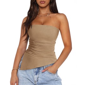 PRETTYGARDEN Womens Tube Top 2025 Summer Trendy Strapless Tops Going Out Outfits Ruched Asymmetrical Bandeau Shirts (Khaki,Medium)