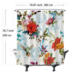 Ulticool - Shower Curtain - Bird Flower Nature - 180 x 200 cm - Bathroom Curtain - Washable - Mould-proof - with 12 Rings White - Flowers - Red Pink Orange Blue Purple Green