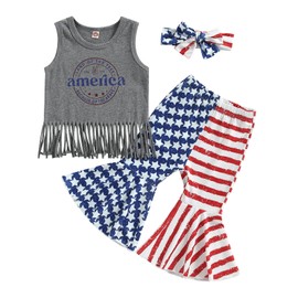 wybzd Toddler Girls 4th of July Outfit Tassels Tank Tops American Flag Bell-Bottom Pants Sets Memorial Day Clothes America Grey 12-18 Months