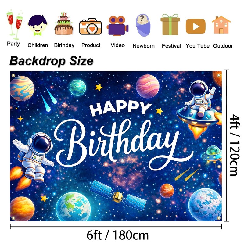 4signalballs Space Themed Birthday Backdrop for Kids, 6x4ft Rocket Astronaut