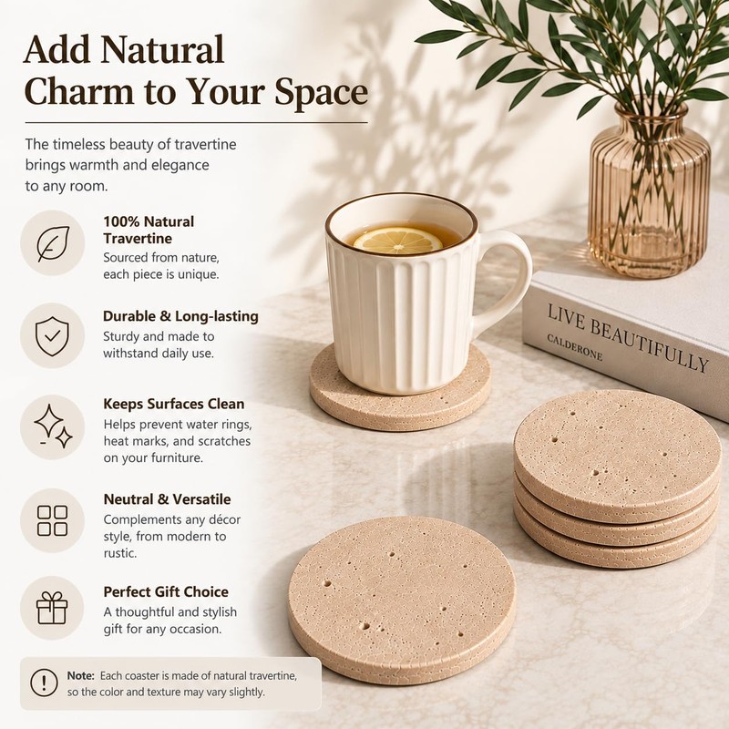 4" Natural Travertine Stone Coasters Set of 4,Round Stone Cup