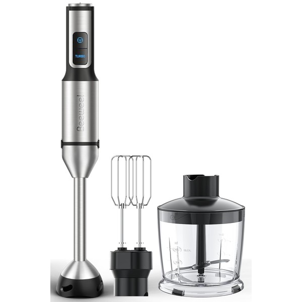 BEEWEEL Immersion Blender Handheld - 800 Watts Scratch Resistant Hand Blender, 15 Variable Speeds & Turbo Hand Mixer, 3-in-1 Heavy Duty Copper Motor Handheld Blender with Egg Whisk and Chopper