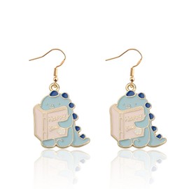CENWA Dinosaur Reading Earrings Dino Earrings Blue Dinosaur Reading A Book Dangle Earring Gift For Book Lover (Dinosaur Reading Earring CA)